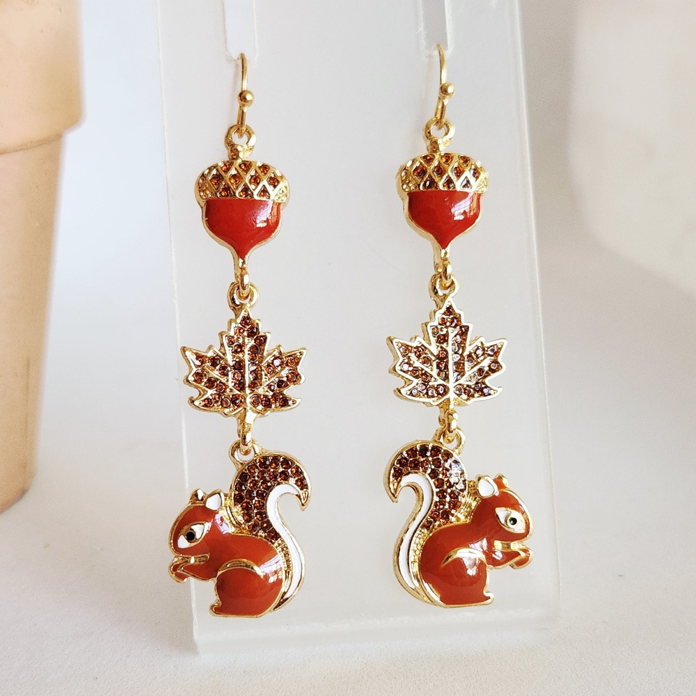 Autumn Squirrel Maple Leaf Acorn Dangle Earrings Gold Tone Enamel Crystal Fall